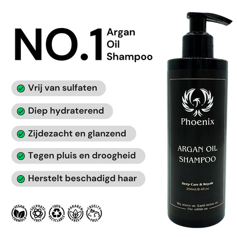 Phoenix Hair Products Argan Oil Shampoo 250 ml met voedende arganolie voor gehydrateerd, zacht en glanzend haar. Sulfaatvrij en geschikt voor droog, pluizig en beschadigd haar.
