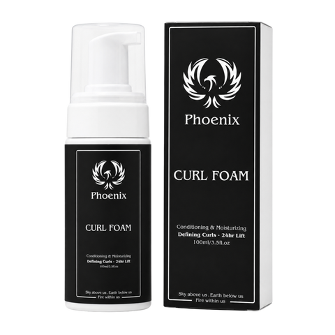 Phoenix Hair Products Curl Foam voor het definiëren van natuurlijke krullen, het verminderen van pluis en het verzorgen van krullend haar.