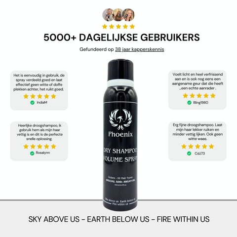 Phoenix Hair Products Dry Shampoo Volume Spray met klantreviews over fris, volumineus haar zonder witte waas. Dagelijks gebruikt en geschikt voor alle haartypes.