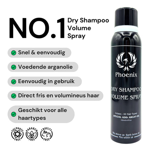 Phoenix Hair Products Dry Shampoo Volume Spray met voedende arganolie voor direct fris en volumineus haar. Geschikt voor alle haartypes, eenvoudig in gebruik en vrij van sulfaten, parabenen en dierproeven.