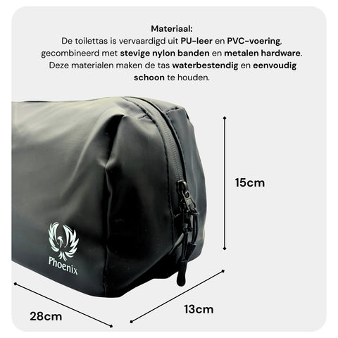 Phoenix Hair Products toilettas van waterafstotend PU-leer met PVC-voering en afmetingen van 28 × 15 × 13 cm