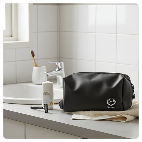 Phoenix Hair Products toilettas in een badkamer met verzorgingsproducten, ideaal voor reizen, sport en dagelijks gebruik