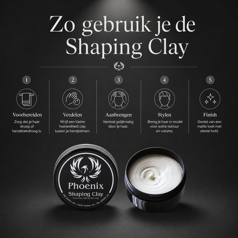 Stappenplan voor het gebruik van Phoenix Hair Products Shaping Clay. Breng de matte haarklei aan op droog of handdoekdroog haar voor meer volume, textuur en een sterke hold.