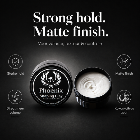 Phoenix Hair Products Shaping Clay met sterke hold, matte finish, meer volume en textuur voor een natuurlijke haarstyling. Geschikt voor kort tot halflang haar.